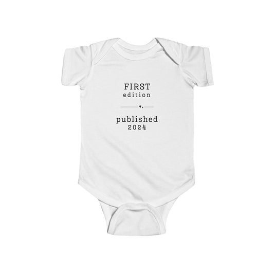 Baby Bodysuit First Edition 2024 or 2025 – Modern Neutral Outfit – Hand Printed Infant One Piece – Minimalist Baby Shower Gift